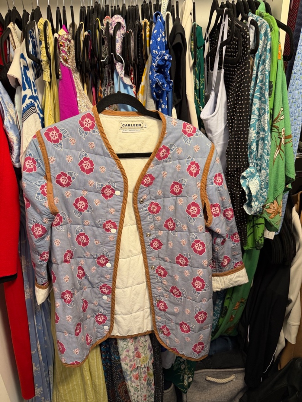 Carleen by Anthropologie Quilted Floral Jacket in Light Blue and Pink M